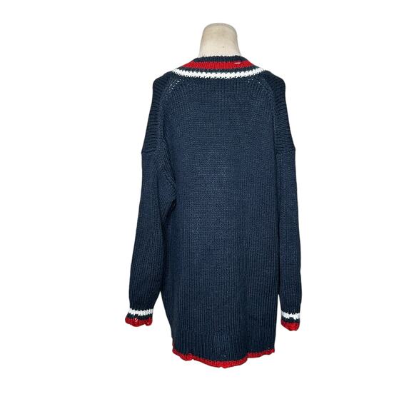 ZARA blue red white trim distressed oversized sweater size medium - Picture 2 of 12
